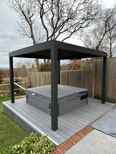 Garden gazebo with hot tub.